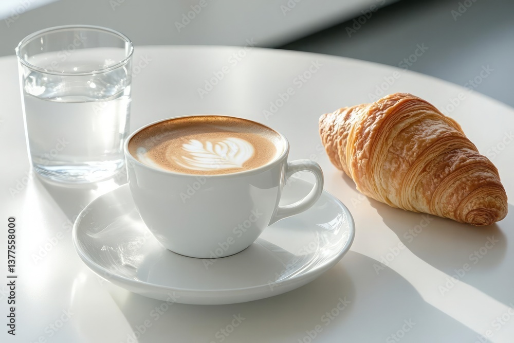 A white table holds a cup of latte art coffee, a croissant, and a glass of water. Sunlight illuminates the scene, casting shadows. The setting appears minimalistic and modern A white table holds a cup of latte art coffee, a croissant, and a glass of water. Sunlight illuminates the scene, casting shadows. The setting appears minimalistic and modern