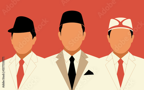 Illustrated Trio: Depiction of Indonesian Leadership with Traditional Headwear on Vibrant Red Backdrop.