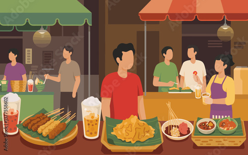 Vibrant Indonesian Street Food Market Scene with Customers and Traditional Dishes: Satay, Tempura, Drinks, and Stews