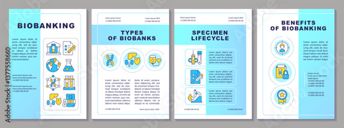 Biobanking blue brochure layout. Medical research and storage of human specimens. Leaflet advertising design with color line icons. Editable 4 pages. Arial, Myriad Pro-Regular fonts used