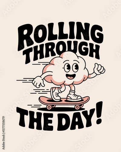 Joyful Cloud Character Skateboarding: Retro Style Cartoon Illustration for T-Shirts and Designs