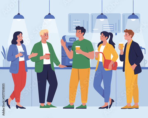 Diverse professionals chatting during coffee break in modern office. Teamwork, collaboration concept, casual workplace scene