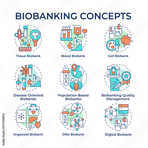 Biobanking multi color concept icons. Collections of human biological materials. Icon pack. Medical research facility. Vector images. Round shape illustrations for presentation. Abstract idea