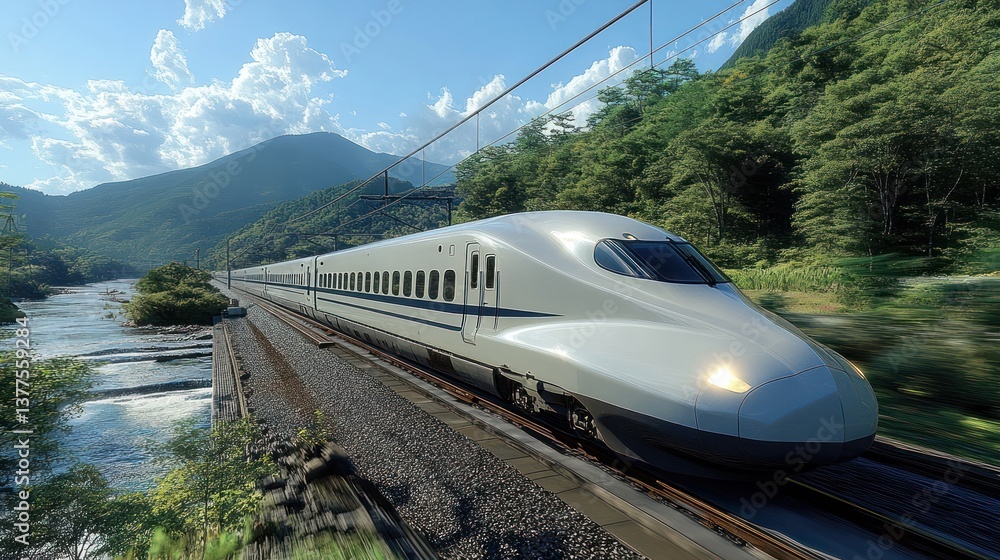 Naklejka premium Bullet train speeds through mountain valley