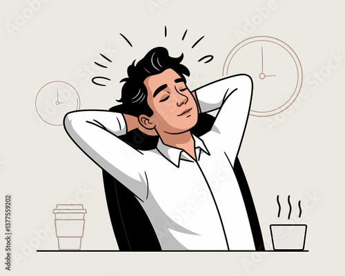 Relaxed Businessman Taking a Break at Work, Illustration of Man Leaning Back with Coffee and Clock