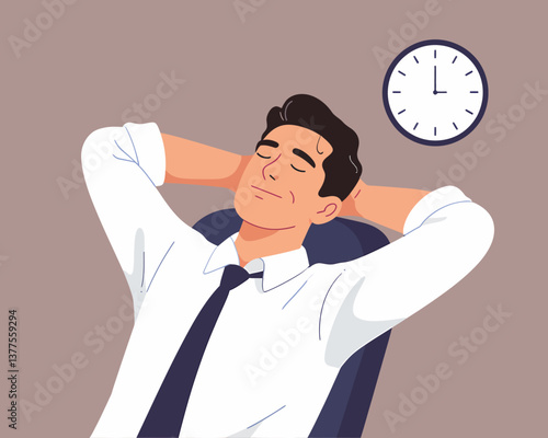 Relaxed businessman resting at work during break with clock showing lunchtime. Enjoying a moment of peace in busy office.