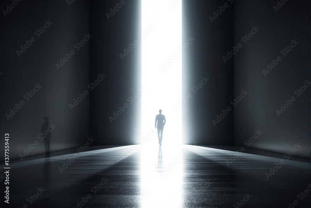 Obraz premium Silhouette of a business figure walking into a bright doorway, minimal graphic style, dark interior background, concept of opportunity and ambition, Ai generative
