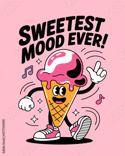 Retro Ice Cream Cartoon Character: Sweetest Mood Ever Illustration for T-shirts and Summer Designs