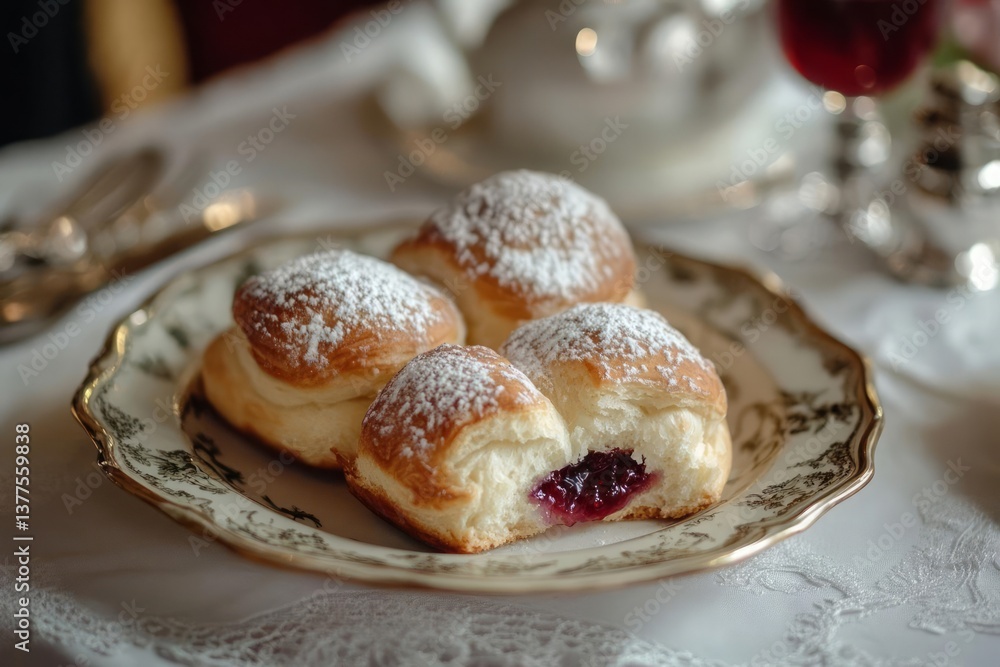 Four powdered-sugar pastries, one with visible berry jam filling, arranged on an ornate plate. A blurred background shows silver cutlery and a partially visible tea set Four powdered-sugar pastries, one with visible berry jam filling, arranged on an ornate plate. A blurred background shows silver cutlery and a partially visible tea set