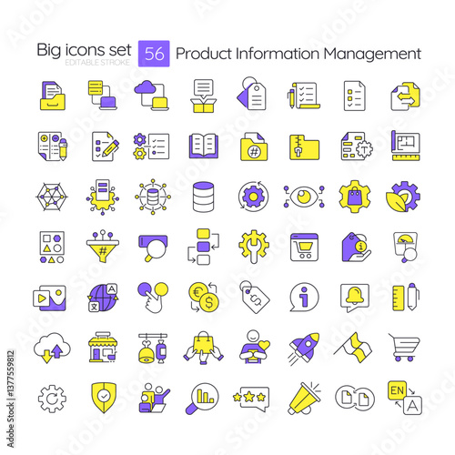 Product information management line color icons set. Data required for goods selling. Distribution channels. Vector illustrations. Simple flat colorful symbols collection. Editable stroke
