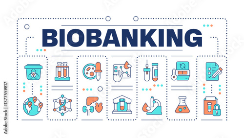 Biobanking word concept isolated on white. Human bio materials storage. Medical cryo preservation. Creative illustration banner surrounded by editable line colorful icons. Hubot Sans font used