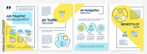 Air traffic services blue and yellow brochure layout. Flight control, organization. Leaflet advertising design with color line icons. Editable 4 pages. Questrial, Lato-Regular fonts used