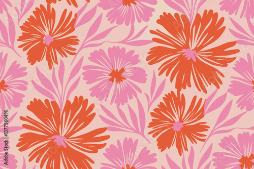 Pink and red expressive blossom field background. Design illustration for decoration, wall decor, wallpaper, cover, banner.