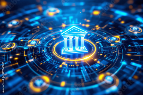 Glowing classical bank icon surrounded by digital interface elements representing finance, on a blue futuristic background, concept of digital banking, Ai generative