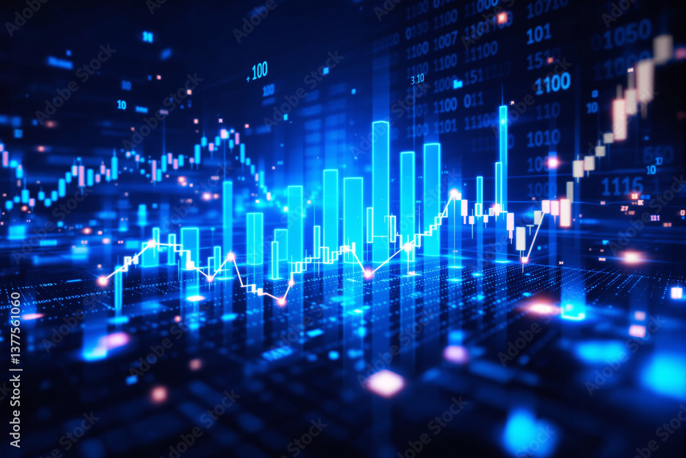 Glowing financial charts and bar graphs in a futuristic digital business background, with data points and binary code, symbolizing economic growth. Ai generative Glowing financial charts and bar graphs in a futuristic digital business background, with data points and binary code, symbolizing economic growth. Ai generative