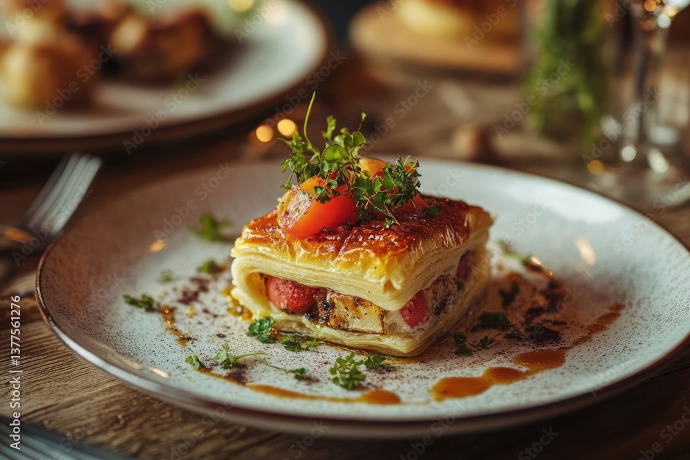 A plated appetizer featuring a layered pastry with visible tomato and herb garnish. Served on a speckled, off-white plate with a brown sauce A plated appetizer featuring a layered pastry with visible tomato and herb garnish. Served on a speckled, off-white plate with a brown sauce