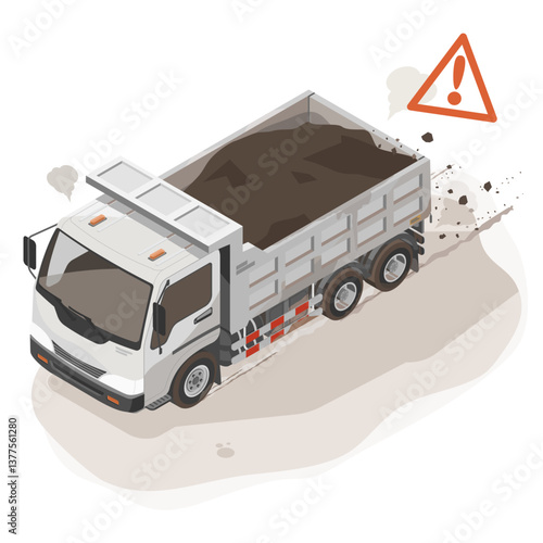 Dump truck spreading construction dust and soil on road causing air pollution and safety hazard in urban area isometric