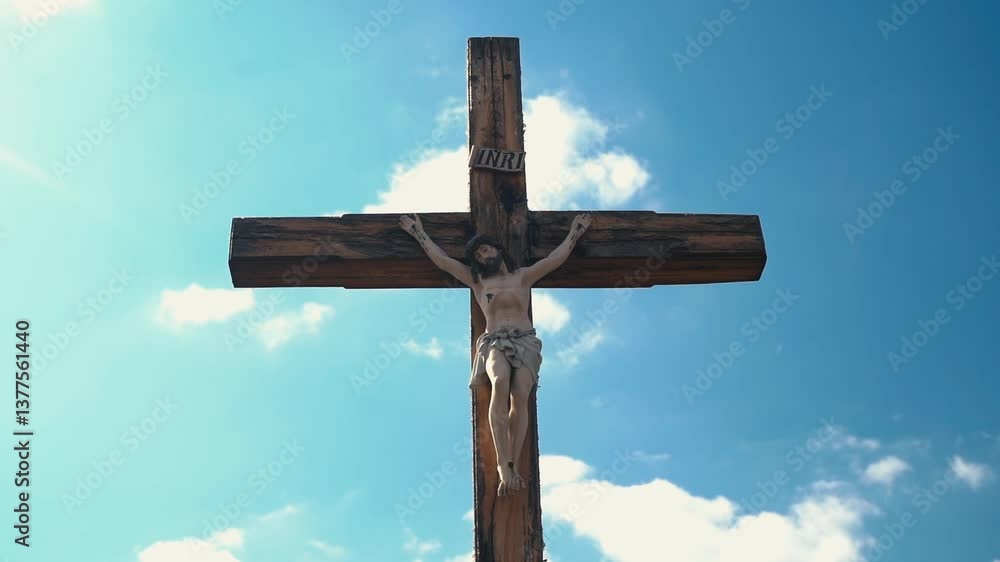 Crucifixion of Christ against the sky background. Catholicism, Christianity, faith concept. The initialism INRI Iesus Nazarenus, Rex Iudaeorum represents the Latin inscription in English translates to Crucifixion of Christ against the sky background. Catholicism, Christianity, faith concept. The initialism INRI Iesus Nazarenus, Rex Iudaeorum represents the Latin inscription in English translates to