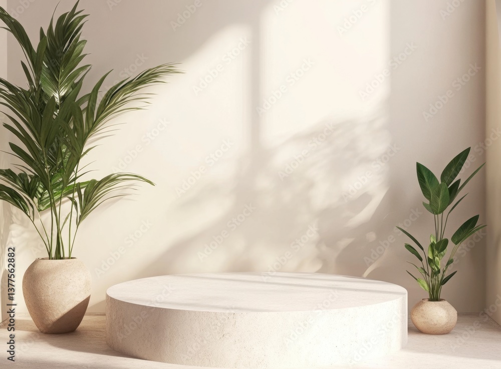 Display Round Podium with Plants and Sunlight for Product Showcase Mockup Display Round Podium with Plants and Sunlight for Product Showcase Mockup