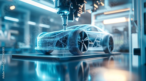 laboratory and engeneer with ai and car Concept. High-Tech Model Car Being 3D Printed in Laboratory