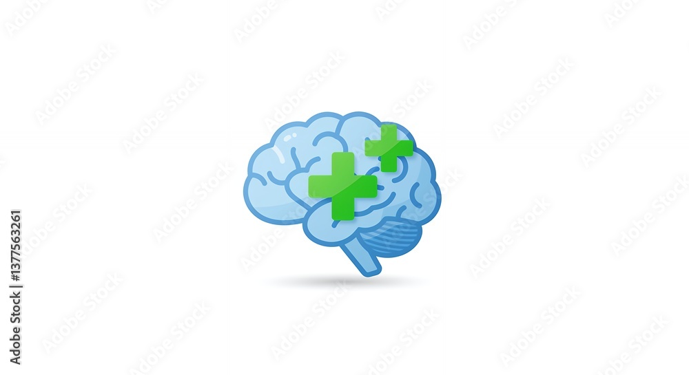 Brain Health Illustration with Green Plus Symbols for Healthcare Concepts Brain Health Illustration with Green Plus Symbols for Healthcare Concepts