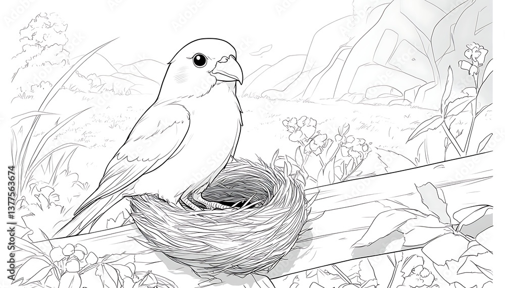 Fototapeta premium Bird on Nest with Nature Sketch.