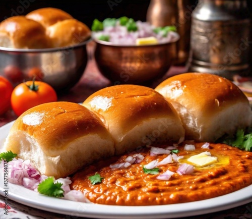 A plate of pav bhaji with spicy mashed vegetable curry, served with buttery bread rolls 3