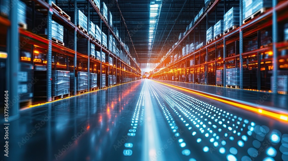 A high-tech digital warehouse with barcode scanning systems. A high-tech digital warehouse with barcode scanning systems.