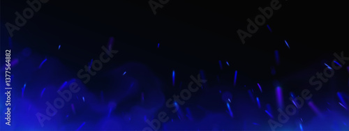 Blue fire sparks rising on black background. Vector realistic illustration of cold ice flame particles, burning gas sparkles glowing in smoke, magic power effect, bonfire ember, blacksmith fireplace
