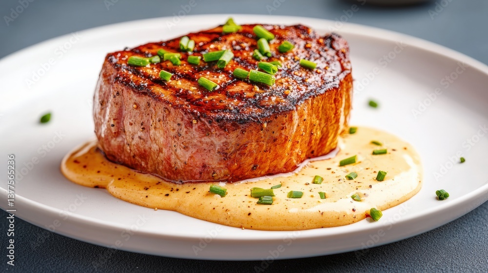 A beautifully cooked steak topped with green chives, served on a creamy sauce, presented elegantly on a white plate. A beautifully cooked steak topped with green chives, served on a creamy sauce, presented elegantly on a white plate.