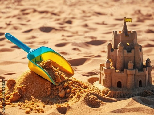 plastic toy on sand castle at beach on summer