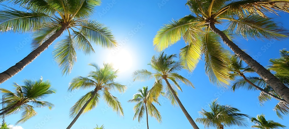 Fototapeta premium A low-angle shot looking up at towering palm trees against a bright blue sky