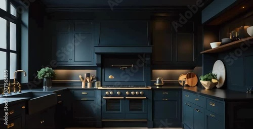 Wallpaper Mural A luxurious dark kitchen featuring matte black cabinetry, deep emerald or navy accents, and dramatic moody lighting Torontodigital.ca
