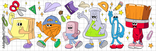 Retro school characters set isolated on notebook page background. Vector cartoon illustration of funky sticky note, basketball ball, eraser, chemistry flask, paperclip, brush mascots with smiling face