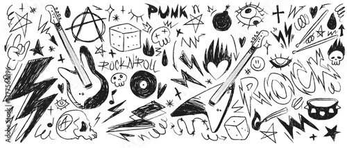 Doodle punk rock pattern on white background. Vector realistic illustration of hand drawn guitar, heart on fire, skull, lightning bolt, burning match signs, curvy lines for grungy banner design