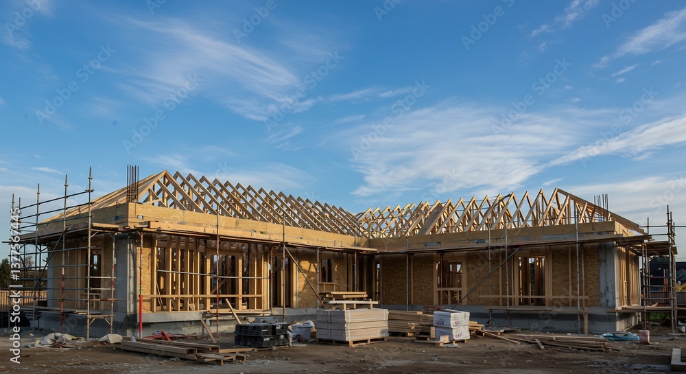 New Home Construction Bright Sunlight Wooden Frame. AI Generated New Home Construction Bright Sunlight Wooden Frame. AI Generated