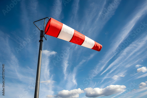 Windy road signs with red and white windsock against blue sky and clouds