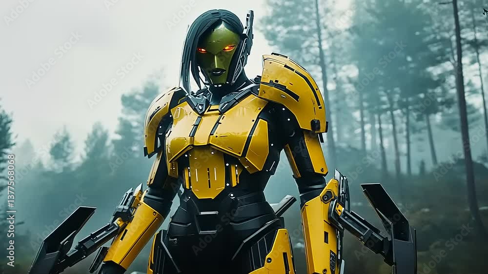 Futuristic humanoid robot in a dense forest, showcasing advanced technology amidst nature