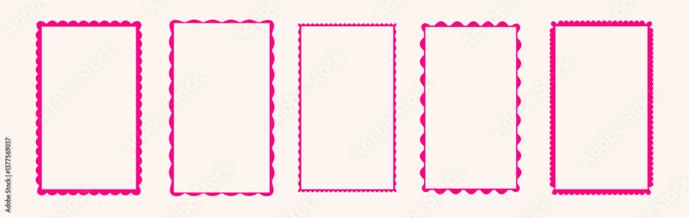 Scalloped edge rectangular frames set - decorative border shapes with wavy outer contour, zigzag perimeter line. Pink page dividers, feminine design elements collection isolated on white background.