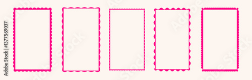 Scalloped edge rectangular frames set - decorative border shapes with wavy outer contour, zigzag perimeter line. Pink page dividers, feminine design elements collection isolated on white background.