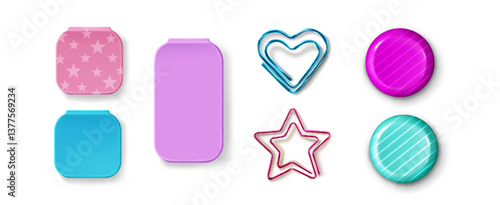 Colorful paper clip collection isolated on white - star and heart shaped clamps, standard rounded fastener. Colorful office supply organizer accessories for binding sheets. Cute stationery set.