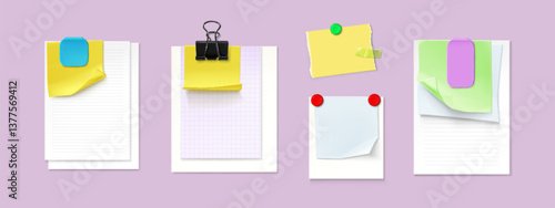 Colored paper notes collection pinned with binder clips and magnets - sheets with curled corner, square memo stickers. Office supplies stationery mockup - reminders, to-do lists, message templates.