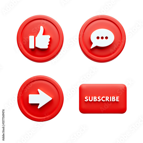 Red Social Media Icons: Like, Comment, Share, Subscribe. Transparent Background.