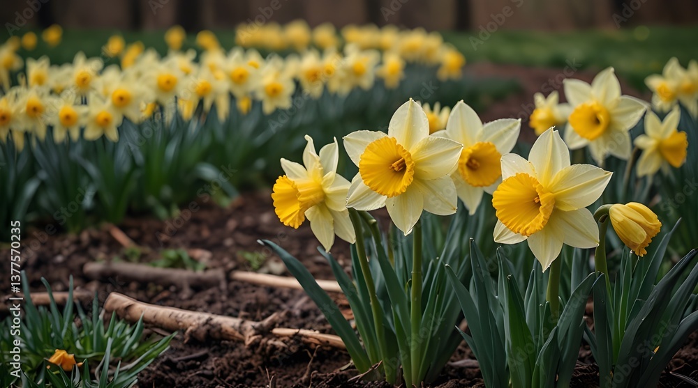 Fototapeta premium Yellow Daffodils In The Spring Garden Perfect For The Background Or Postcard Creating Spring Atmosphere Daffodils In The Spring Rainy Day Spring Background Daffodils Background. generative.ai