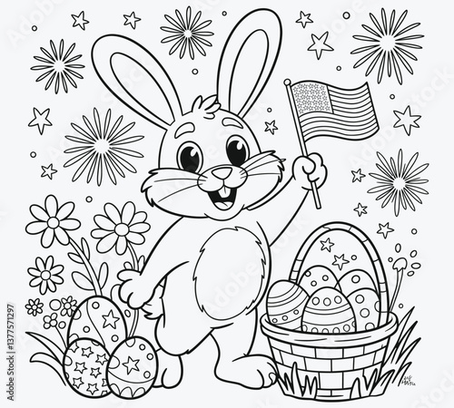 A patriotic Easter bunny waving a small American flag, standing next to a basket full of decorated eggs with stars and stripes, surrounded by fireworks and spring flowers, detailed coloring page