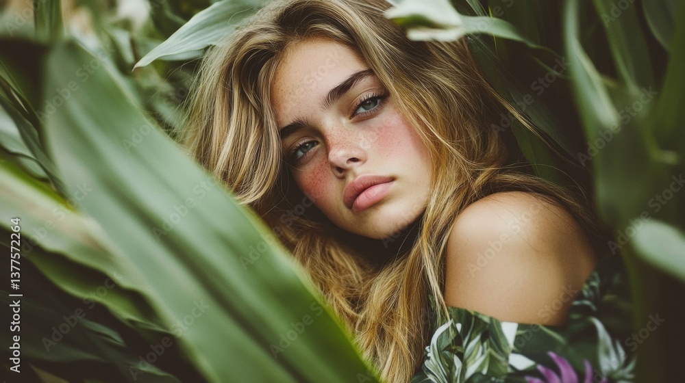 Naklejka premium Portrait of a Young Woman with Freckles in a Lush Green Cornfield
