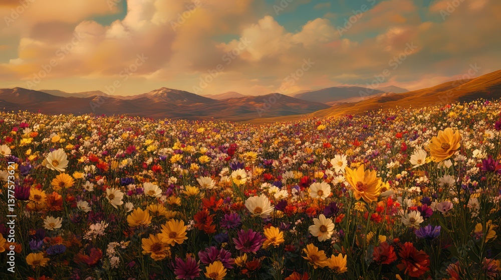 Fototapeta premium Colorful Wildflower Meadow Sunset Mountains