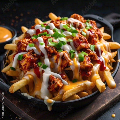 A serving of loaded fries topped with melted cheese, spicy chicken chunks, and tangy sauces 3
