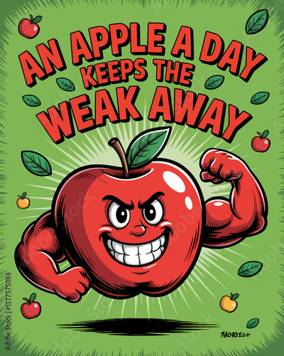 Muscular Apple Cartoon: Promoting Health and Strength with a Whimsical Fruit Character on Green Background