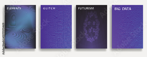 Glitch distorted geometric template brochures . Modern art design . Glitched flyer . Optical art. Trendy brochure with vector lines .flyer with wavy lines effects . set of vector templates